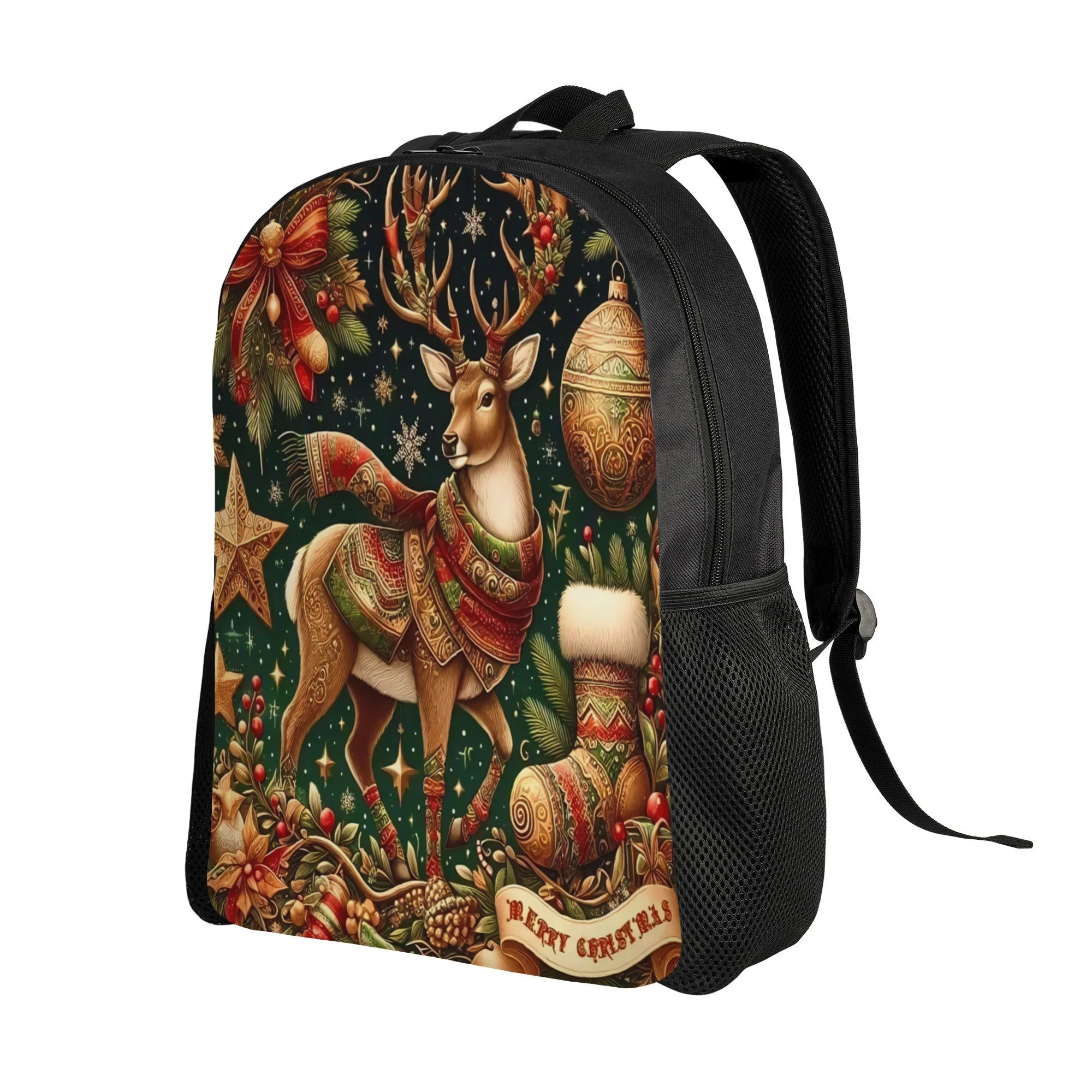 

Рюкзак BIIHUDU Christmas Reindeer - большой вместимости, с принтом оленя и мотивами Холли, золотая пряжка, черная рамка