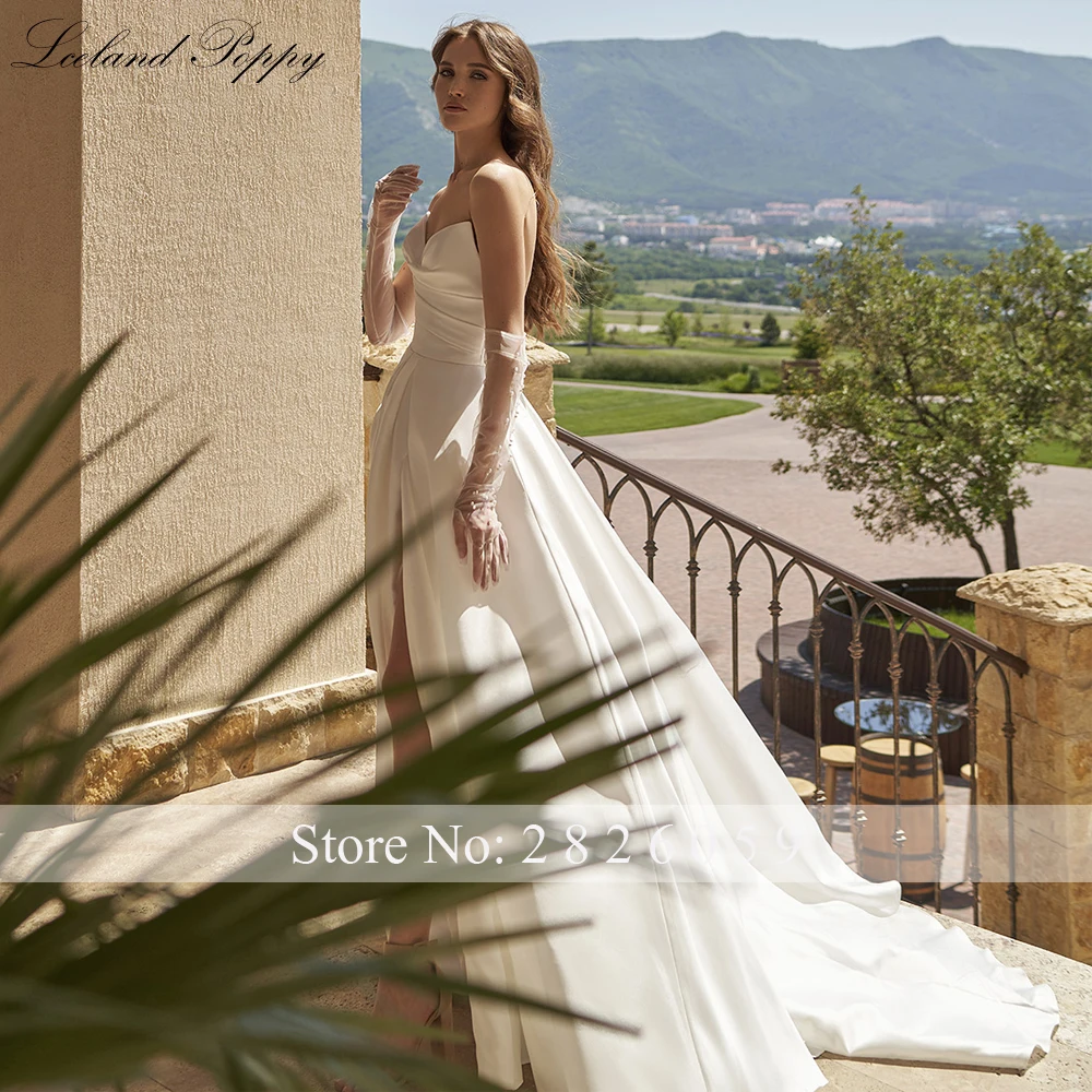 Lceland Poppy Customized A Line Strapless Satin Wedding Dresses Floor Length Pleated High Split Bridal Gowns with Side Pockets