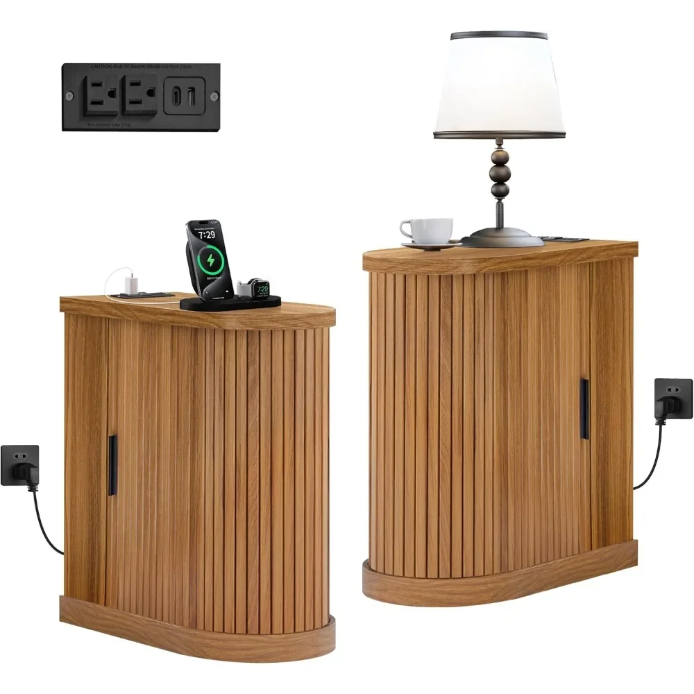 

Small End Table, Narrow Side Table, Skinny Nightstand with Charging Station, Mid-Century Modern Curved Fluted Bedside Table