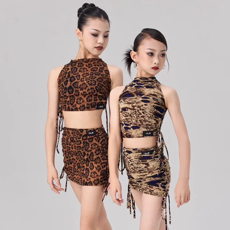 Filles danse latine Lothes sans manches léopard hauts jupe cordon ensemble Cha Cha Rumba danse pratique Performance vêtements DNV24743