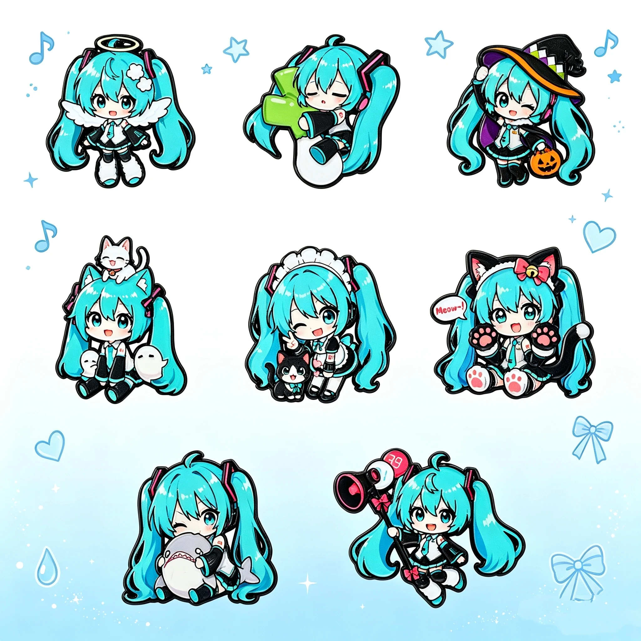 8Pcs Chibi Blue Hair Anime Girl Enamel Pins Set, Cartoon Character Lapel Badges, Decor Brooches for Backpack Clothing Gift