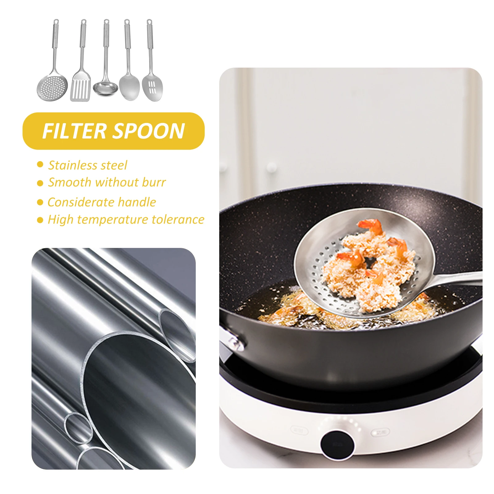 

5 pcs Stainless Steel Kitchen Utensils Set Corrosion Resistant Cooking Wares Spoon Strainer Ladle Smooth Handle Design