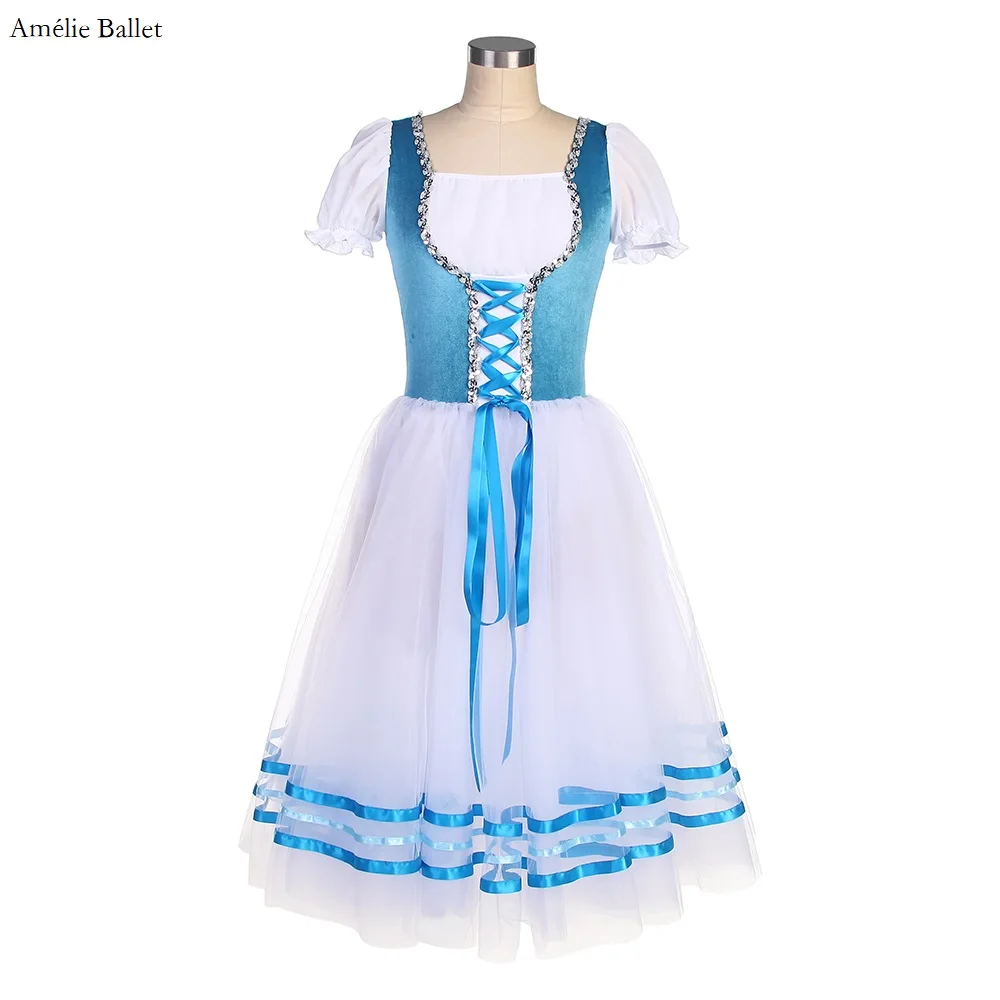 

23083 Short Sleeves Lake Blue Velvet Bodice with White Long Romantic Skirt Girls & Women Stage Performance Dance Dress