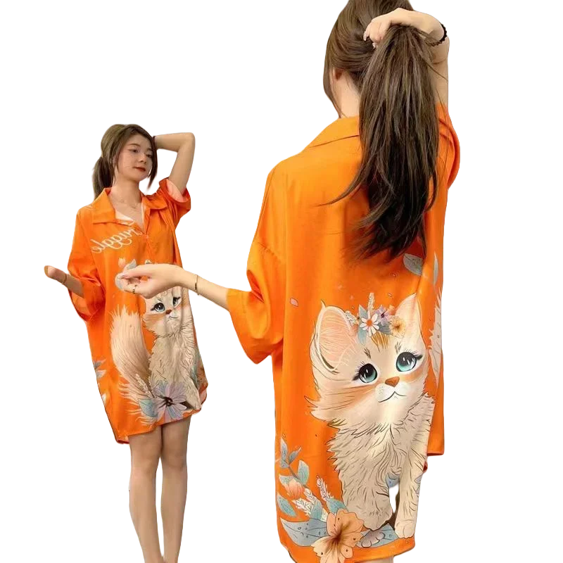 Camisón de seda de hielo con estampado de gato de dibujos animados para mujer, camisa delgada de manga corta, pantalones cortos sueltos, pijamas, dos conjuntos de ropa para el hogar, Verano