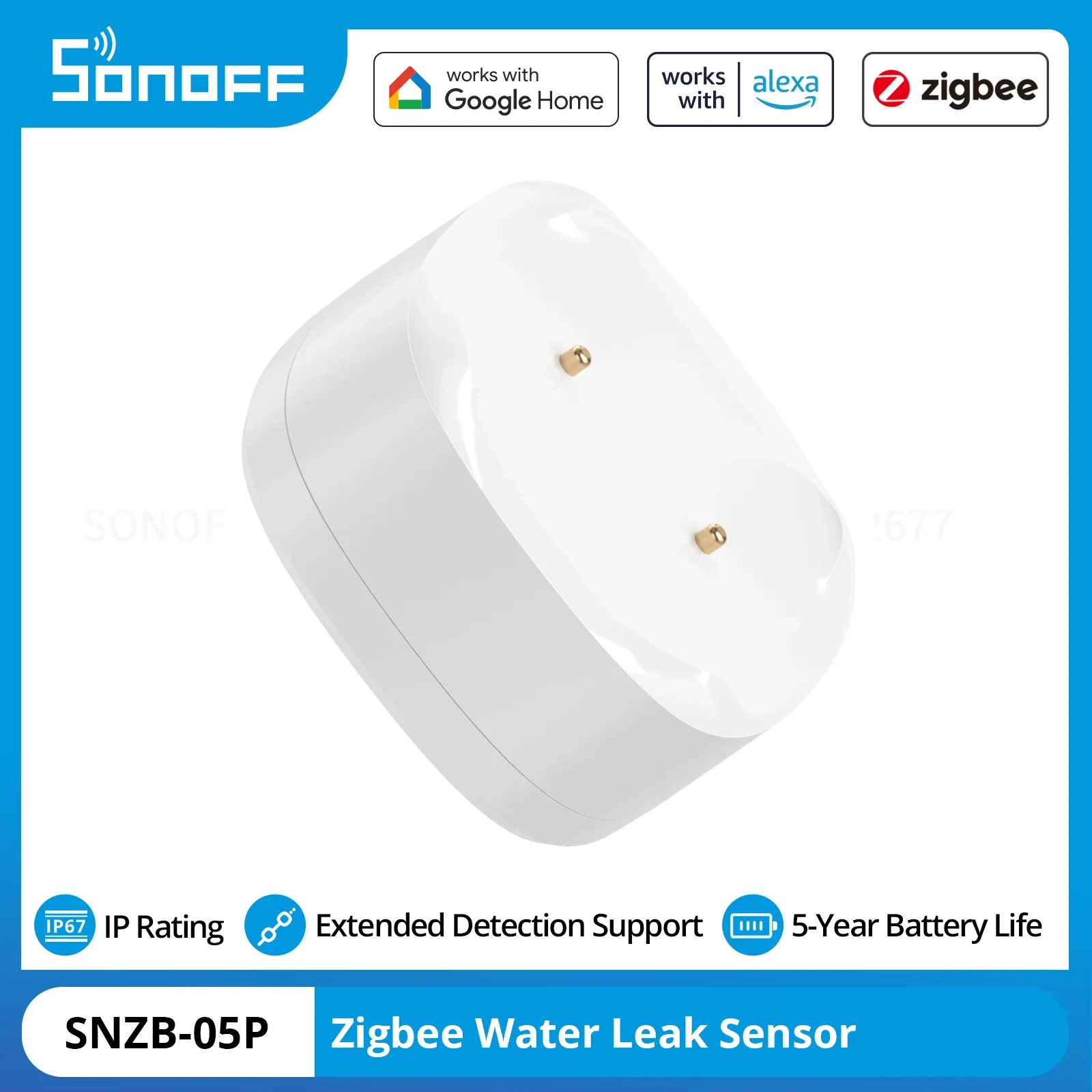 

SONOFF SNZB-05P Zigbee Датчик утечки воды Рейтинг IP67 Обнаружение утечки Оповещения в реальном времени Поддержка eWeLink Home Assistant