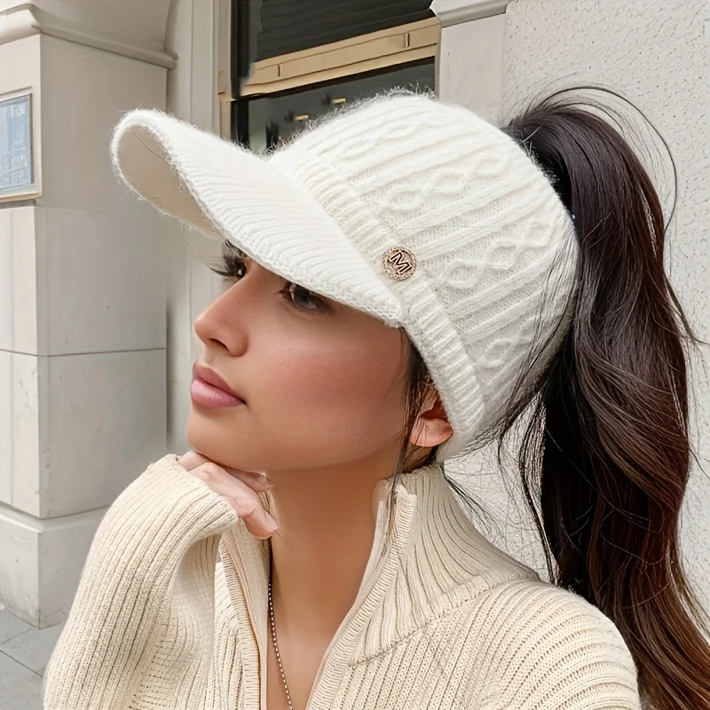Leere Top-Sport-Strickmütze, Damen-Pferdeschwanz-Entenschnabelmütze, vielseitig einsetzbar im Herbst und Winter, mit Plüsch-Wollmütze für den Außenbereich – Detail 3