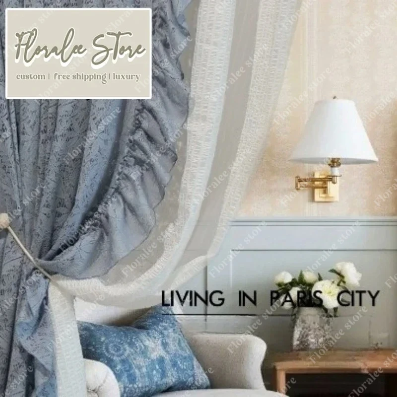 

French Retro Blue Lace Lace Tulle Window Curtains For Living Room Bedroom Dining Transparent Light Not Transparent People Decor