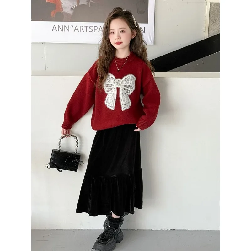 

Girls Velvet Skirt 2025 Autumn Winter Elegant Half-Skirt Mid-Length Fleece-Lined Thickened Dress Princess Girl Fishtail Skirt