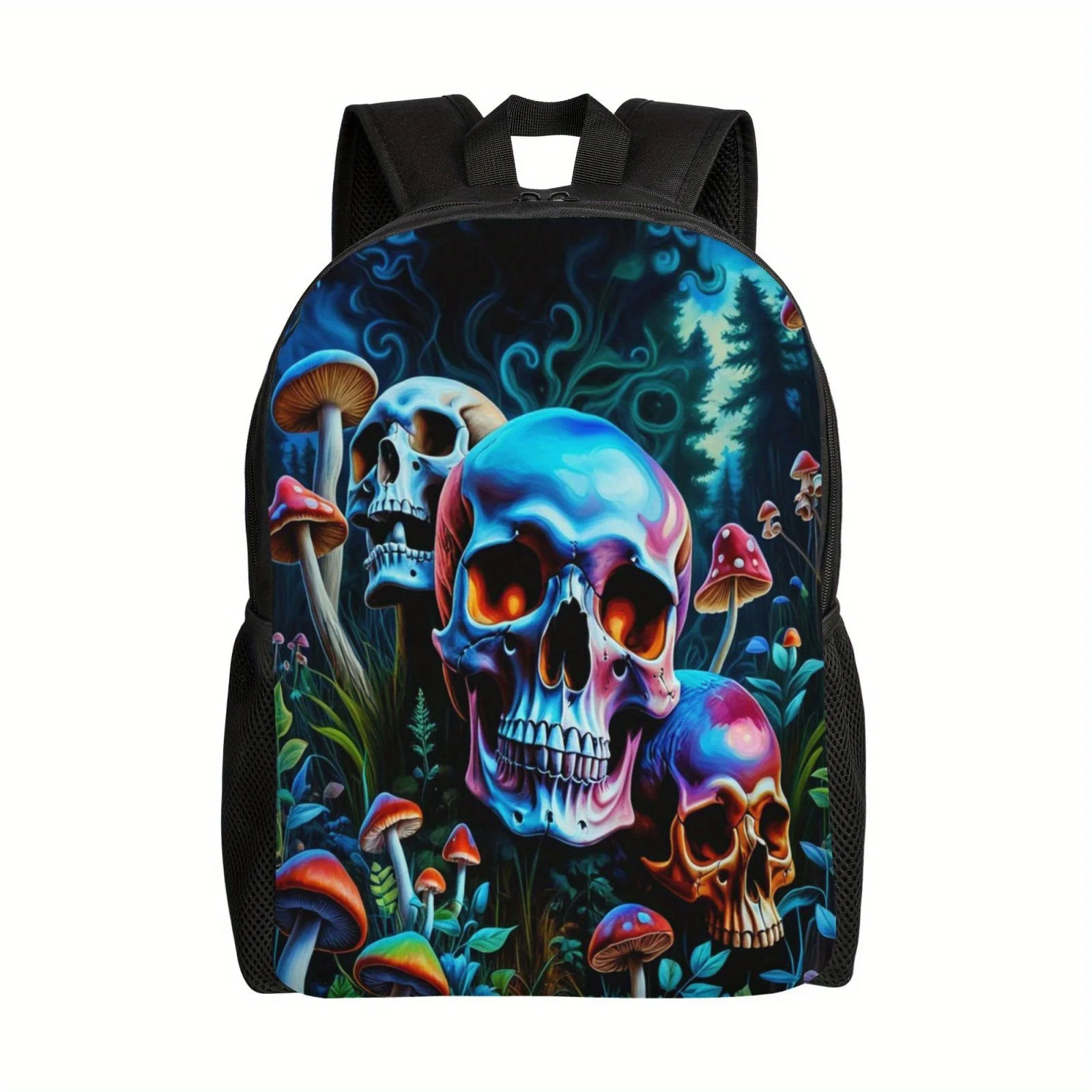 Mushroom Skull Printed Street Style Cool Backpack for Men Suitable for Daily Commuting, Strolling, and Outdoor Activities