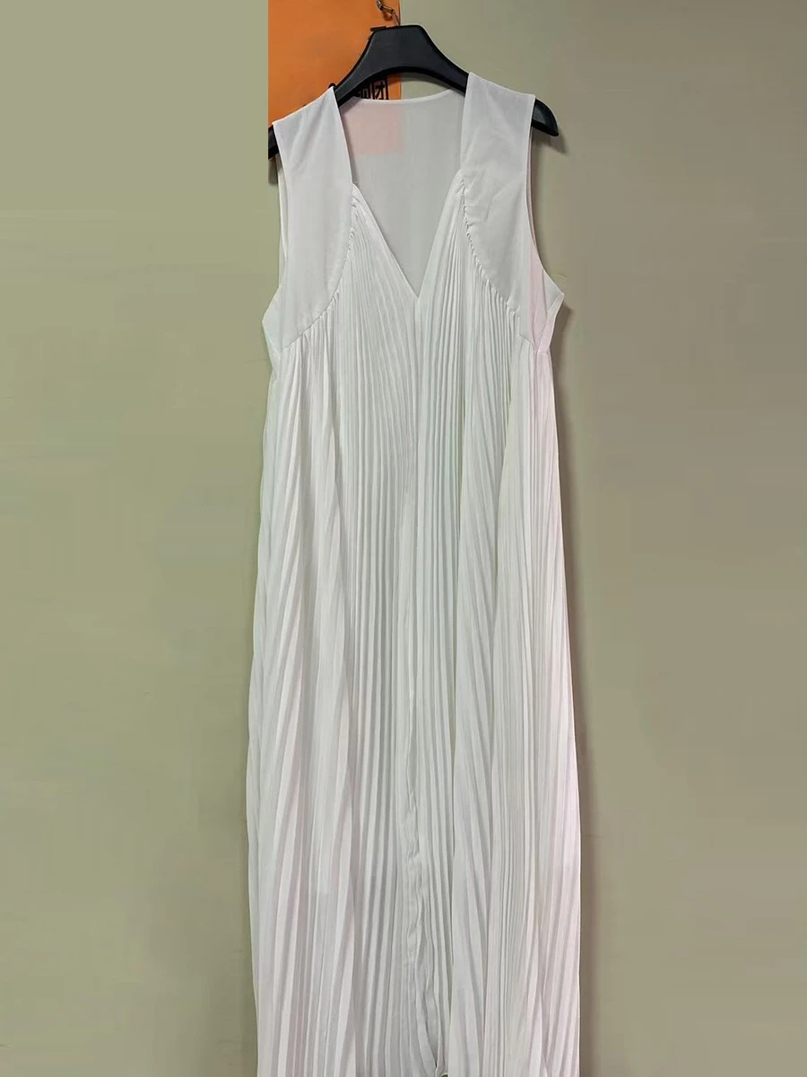 GALCAUR 솔리드 루즈 스플 라이스 폴드 미니멀리즘 드레스 여성용 V 넥 민소매 패치 워크 쉬어 우아한 드레스 여성 의류