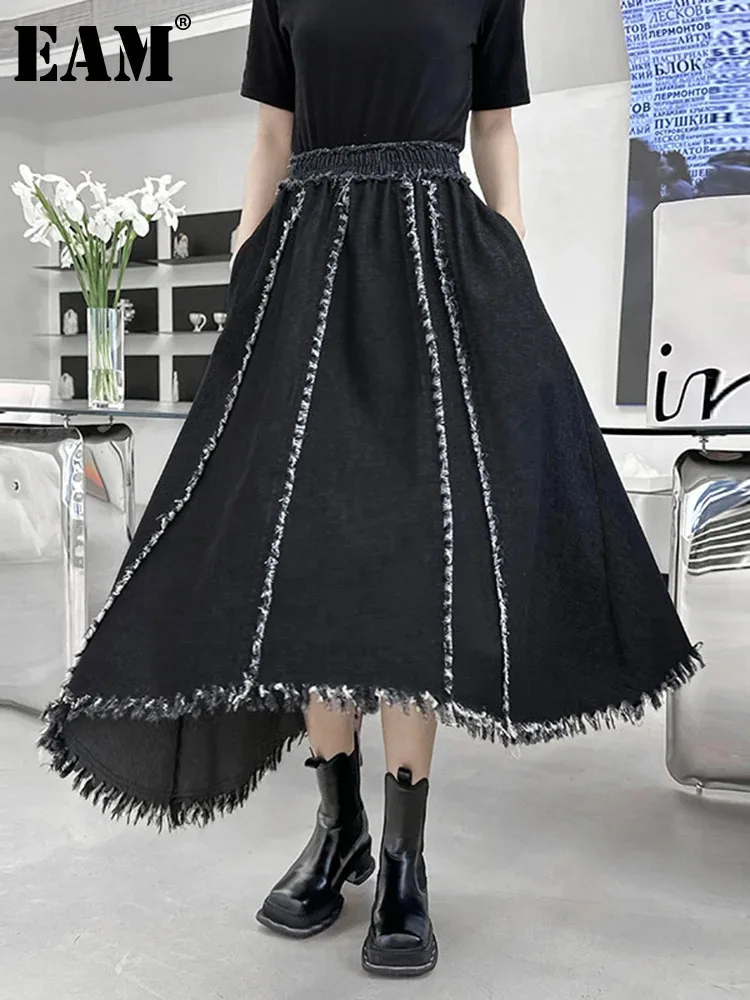 

[EAM] High Elastic Waist Black Vintage Tassels Denim A-line Half-body Skirt Women Fashion Tide New Spring Autumn 2024 1DF6035