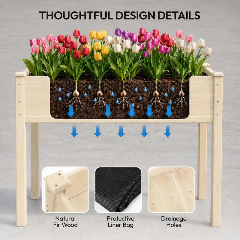 48.5x22.5x30 Elevated Raised Garden Bed with Bed Liner Heavy Duty Wood Planter with Legs for Vegetables Fruits Potato Flower