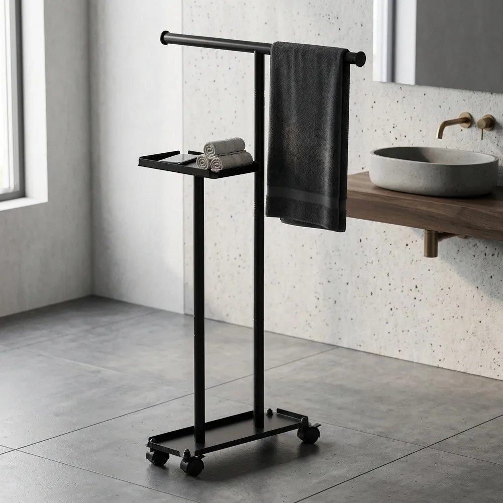 Contemporary Towel Rack with Attached Toilet Paper Organizer and Flat Storage Tray for Seamless Bathroom Setup
