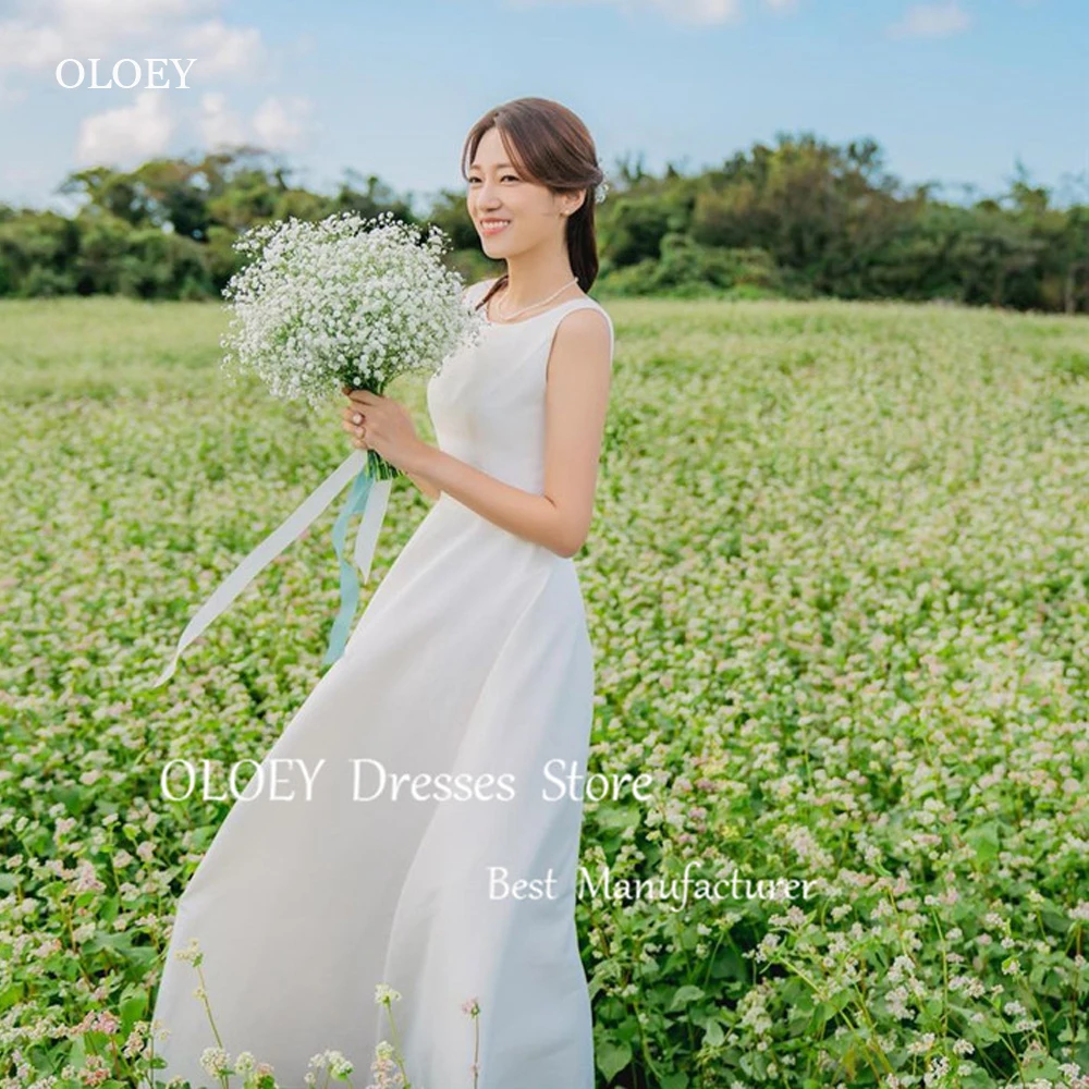 

OLOEY Simple A Line Korea Wedding Dresses Photo shoot O-Neck Floor Length Bridal Gowns Corset /Zip Back Plus Size