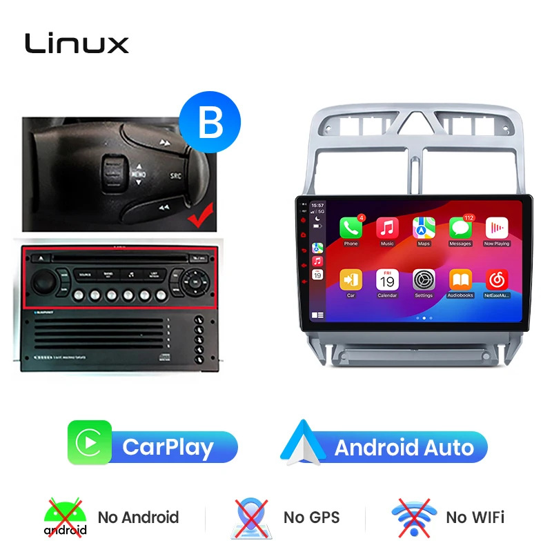 Junsun draadloze CarPlay Android Auto autoradio voor Peugeot 307 (Hatchback/SW/CC) 2001-2008 met ingebouwde koelventilator, Android GPS navigatie, multimediaspeler, WiFi, DSP, RDS, BT, SWC, IPS