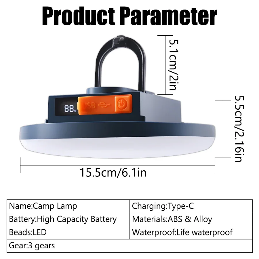 large capacity Rechargeable Powerful Light Camping Lantern with Magnet Strong Light Portable Tent Lamp  LED Work Light