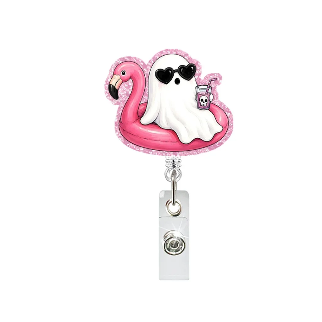 Cute Halloween Ghost Pumpkin Pattern Retractable ID Badge Reel Acrylic Badge Holder with Metal Clip for Office Medical Staff