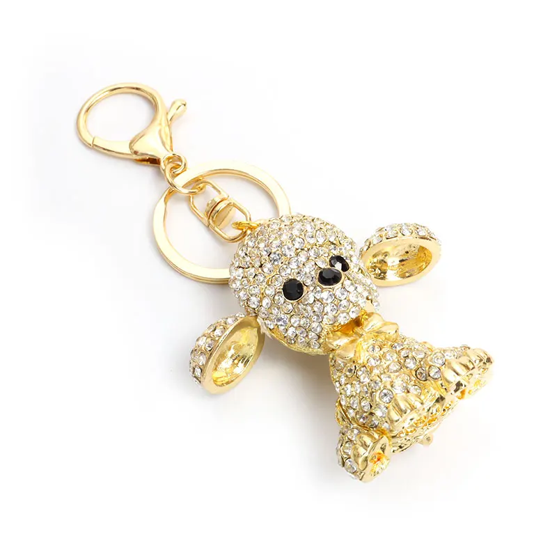 Poodle Teddy Dog Enamel Pendants Keychains Rhinestone Inlaid Crystal Cartoon Animal Keyrings High Quality Jewelry Bag Key Holder