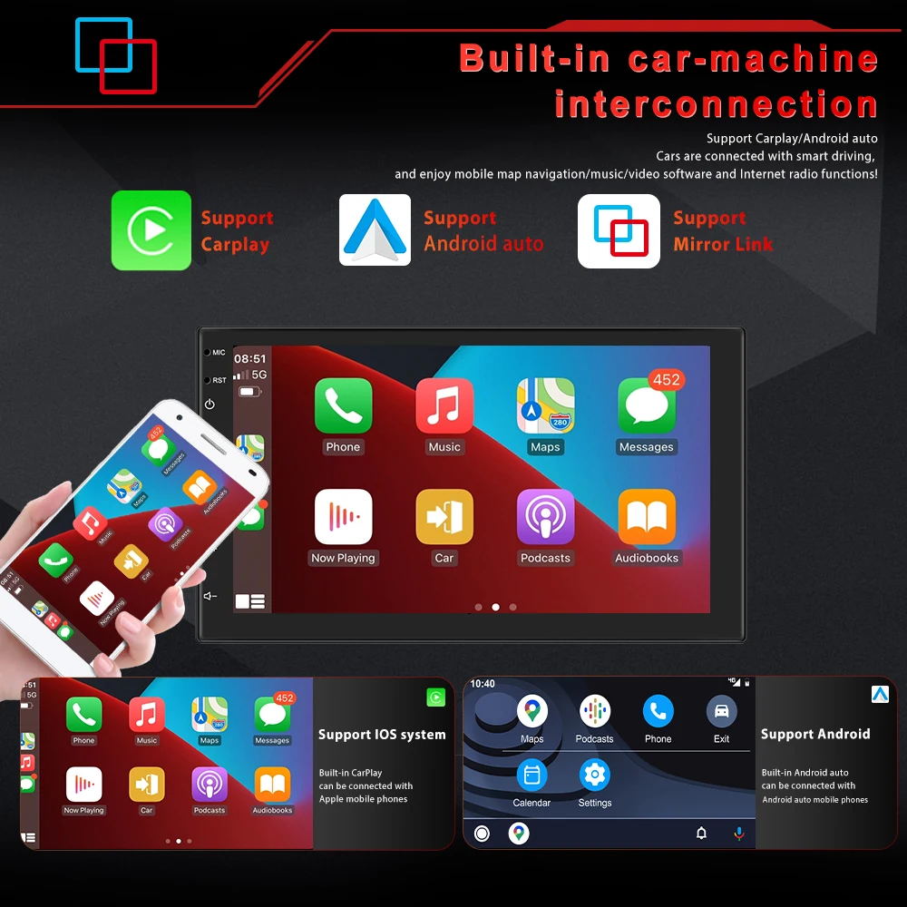 Podofo 2 Din 7 Inch QLED Screen Player AI Car Carplay 8+128G Android Car Radio Stereo WIFI&4G SIM Card Wired Android Auto DSP EQ