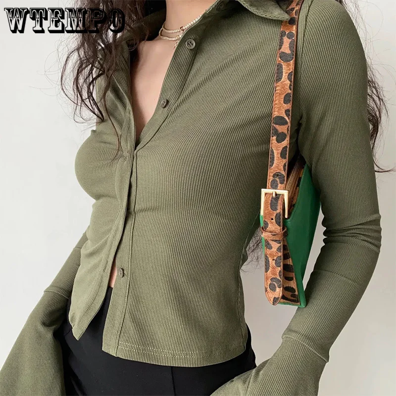 Flared-sleeve Shirt Polo Collar Lapel Five-color All-match Women\'s Slim Stretch Long-sleeved Top  Women Shirts Blouses