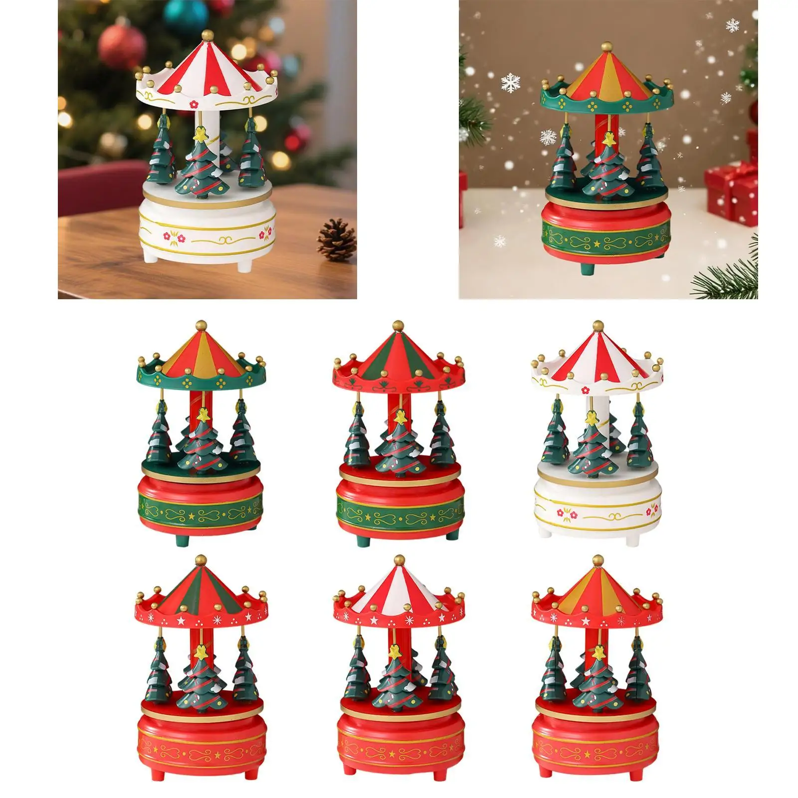 Musical Rotating Carousel Christmas Decoration Wind Up Tabletop Ornament for Festive Holiday Room Centerpiece