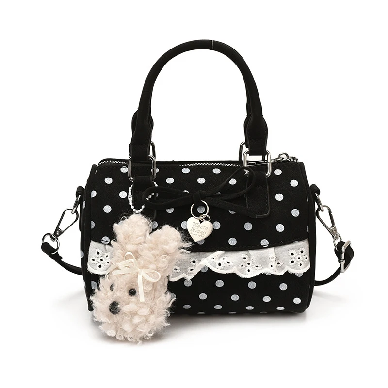 

Polka Dot Pillow Bowling Bag Korean Style, Cute Bow Lace Trim Handbag With Pendant, Women Commuter Crossbody Shoulder Bag