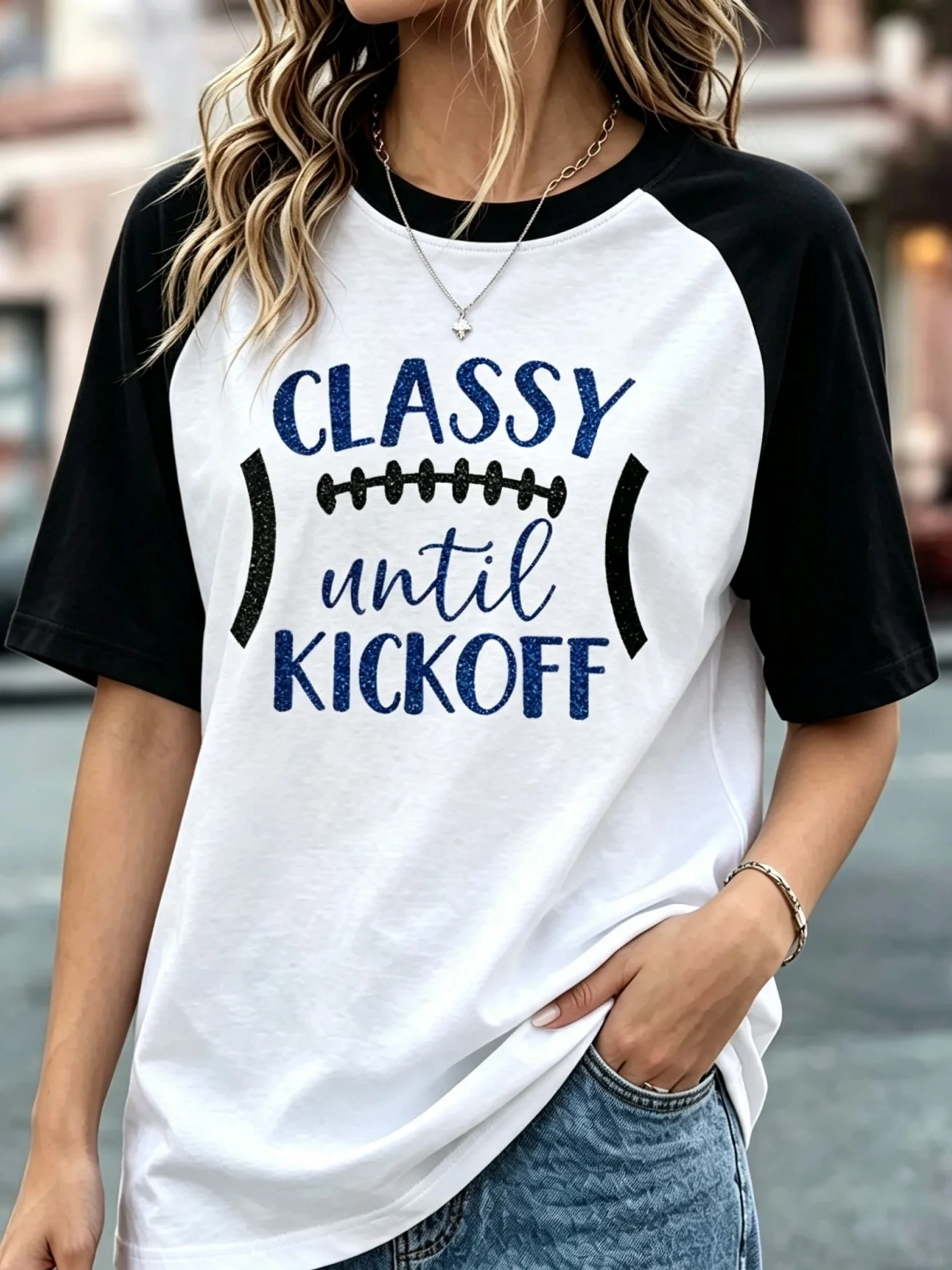 Glitter Classy Until Kickoff Football Laces Graphic Raglan T Shirts, Women Color Block Short Sleeve Game Day Baseball Tee