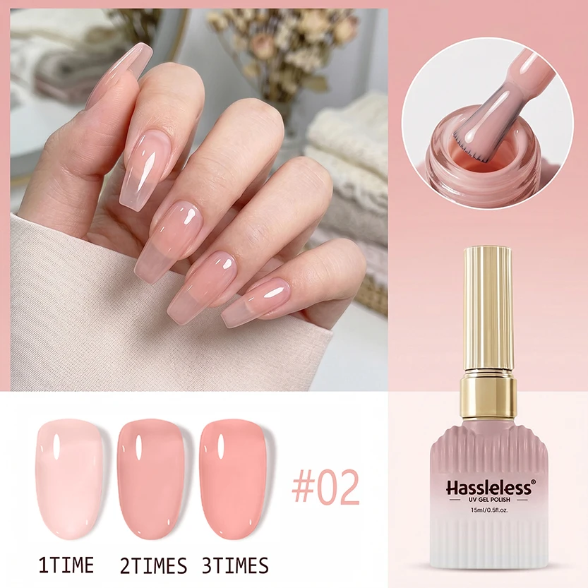 Hassleless 15ml Translucent Peach Nude UV Gel Nail Polish. Salon Soak Off Gel With Long Lasting Glossy Finish, Ideal For Daily