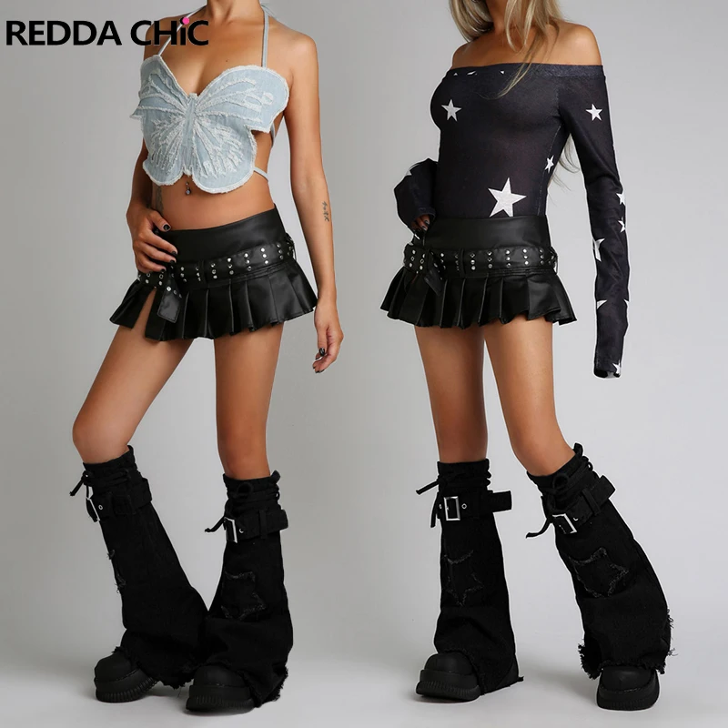 

REDDACHiC Star Stitch Denim Leg Warmers Women Y2k Black Frayed Belt Bandage Knee Long Socks Goth Steampunk Graphic Boots Cover