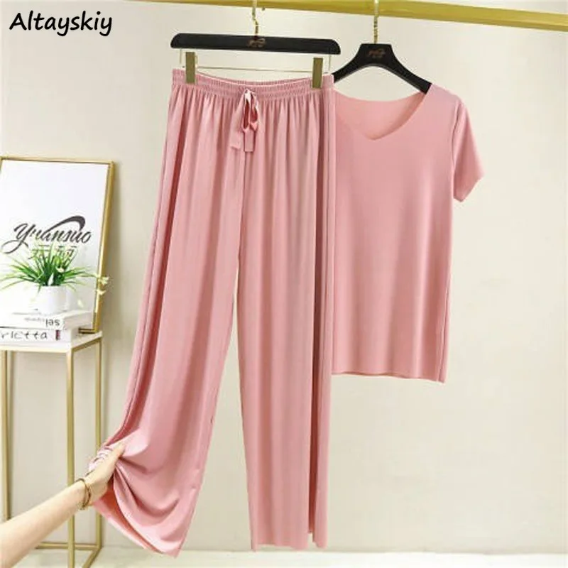 

Комплекты простых брюк для женщин, модная мягкая летняя одежда в Корейском стиле, универсальная длинная повседневная одежда с V-образным вырезом и коротким рукавом для девушек