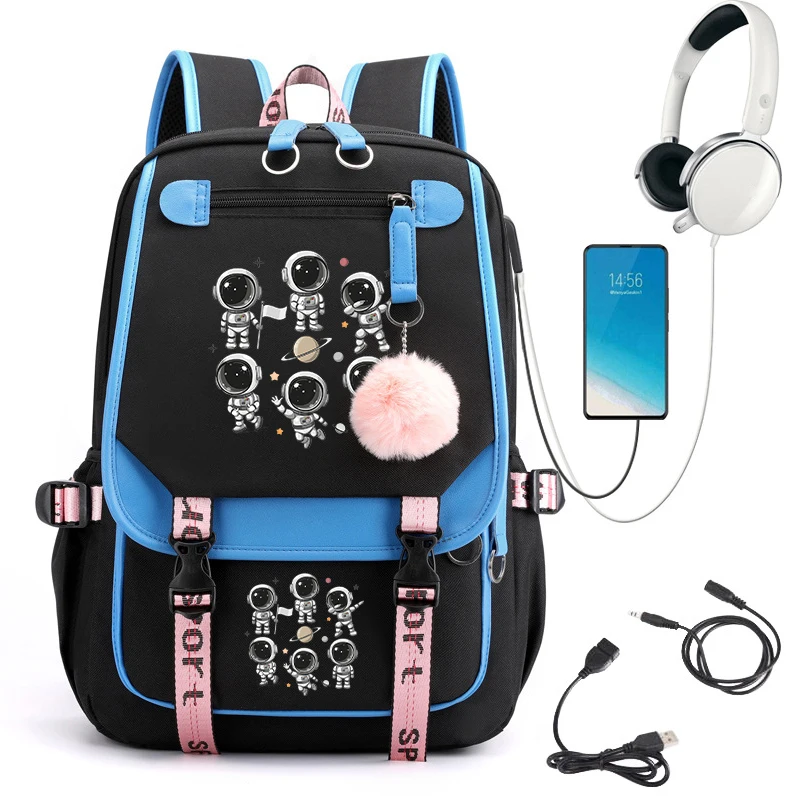 Astronaut Print School Bags para meninas e mulheres, USB Pink Backpack, Laptop Bag, Mochila, Estudante, Adolescentes