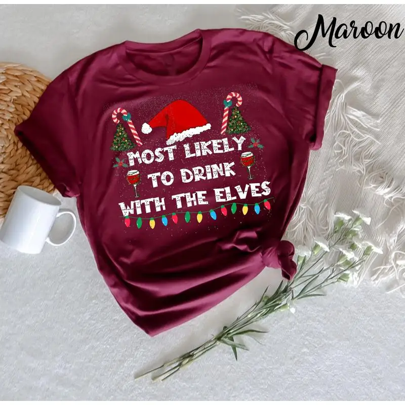 Camiseta más simpática de beber con los elfos, divertidas luces navideñas familiares a juego, alegría