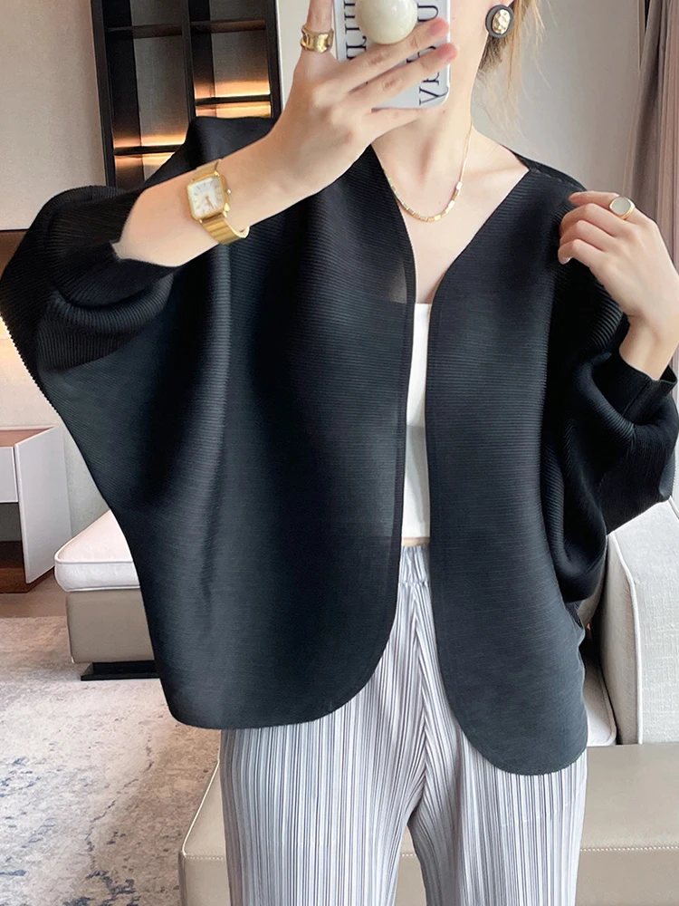 GVUW Pleated Jackets Women V Neck Batwing Sleeve Open Stitch Solid Color Versatile Fashion 2024 Autumn New Clothes 17G3327