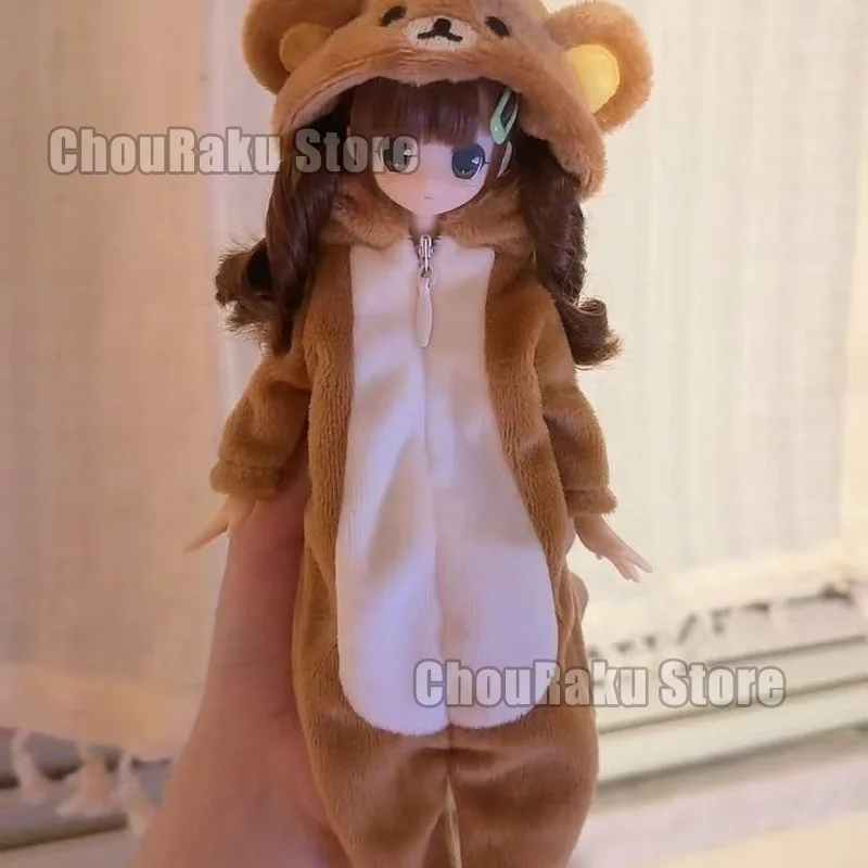 Vintage Brown Bear Plush Doll Clothes For Sixth Scale Ob24 Bjd Hooded Zipper One Piece Jumpsuit Pajamas For Doll Collectors
