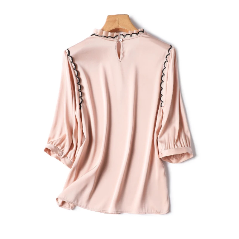 Satin Women\'s Shirt Summer Solid Colour Vintage Blouses Loose Ruffles Women Top Short Sleeves Fashion Clothing