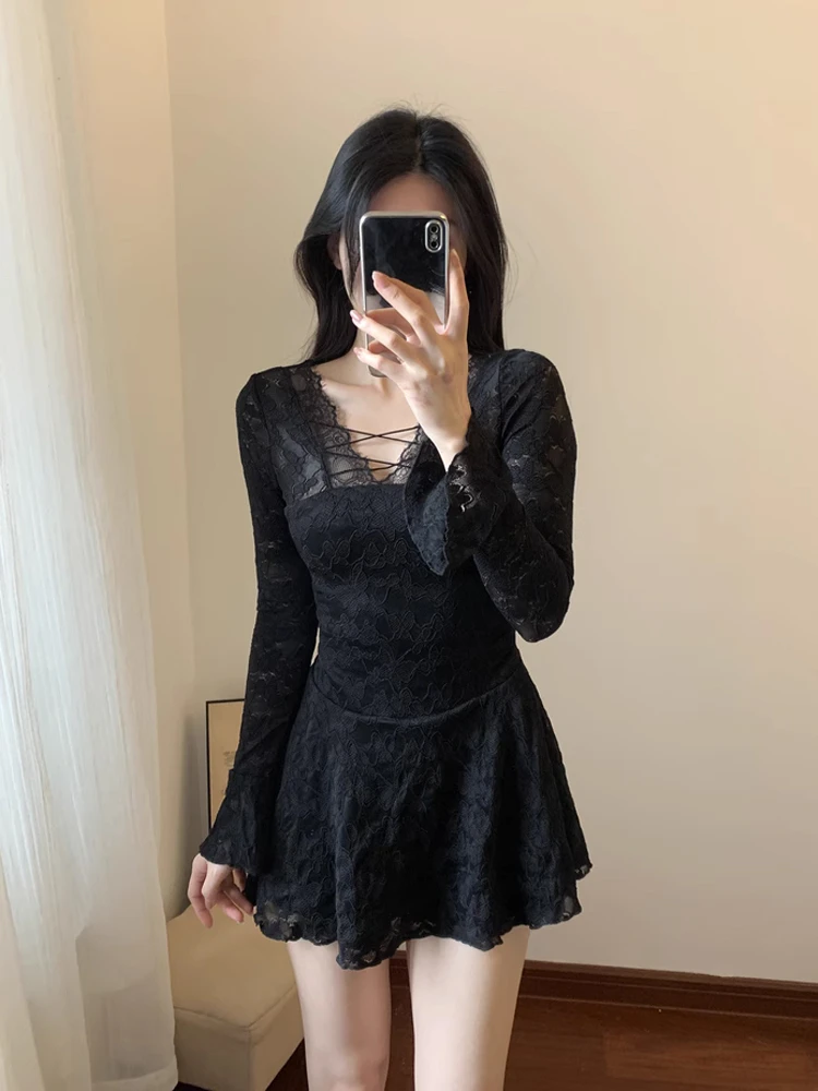 

Женское платье Pure Desire с длинными рукавами, кружевными вставками и V-образным вырезом, А-силуэт, весенняя новинка, с завышенной талией, стройнящее, повседневное