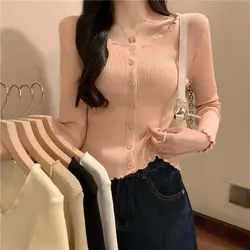 Long Sleeve Fashion Cardigan Casual Elegant Women Single Breasted Y2K Chic Holiday Korean Clothing Ruffles Butterfly Sleeve Tops