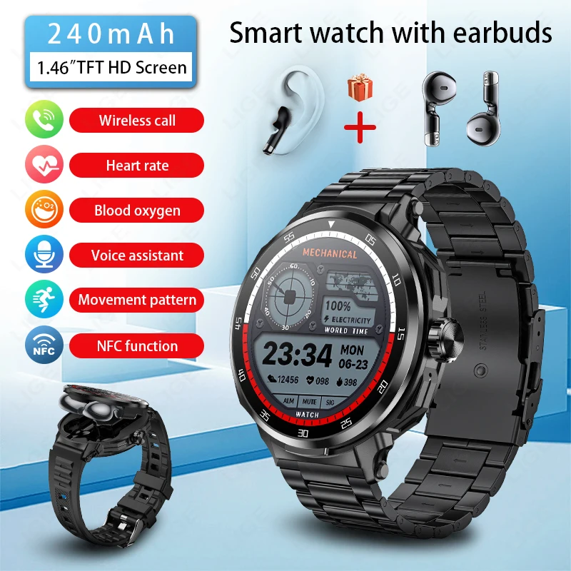 

2025 New NFC Smart Watch Men TWS Headphone Music Bluetooth Call Watches Heart Rate Sports Fitness Smartwatch Man For Android IOS