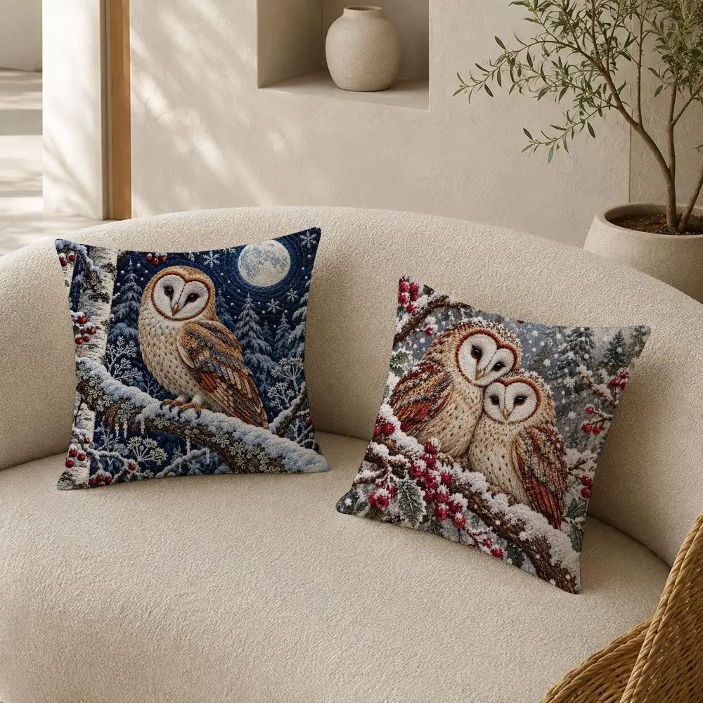 Winter Woodland Barn Owl Folk Art Cushion Cover Soft Pillow Cases Hidden Zipper Cutecore Sofa Bedroom Home Decor Gift 3