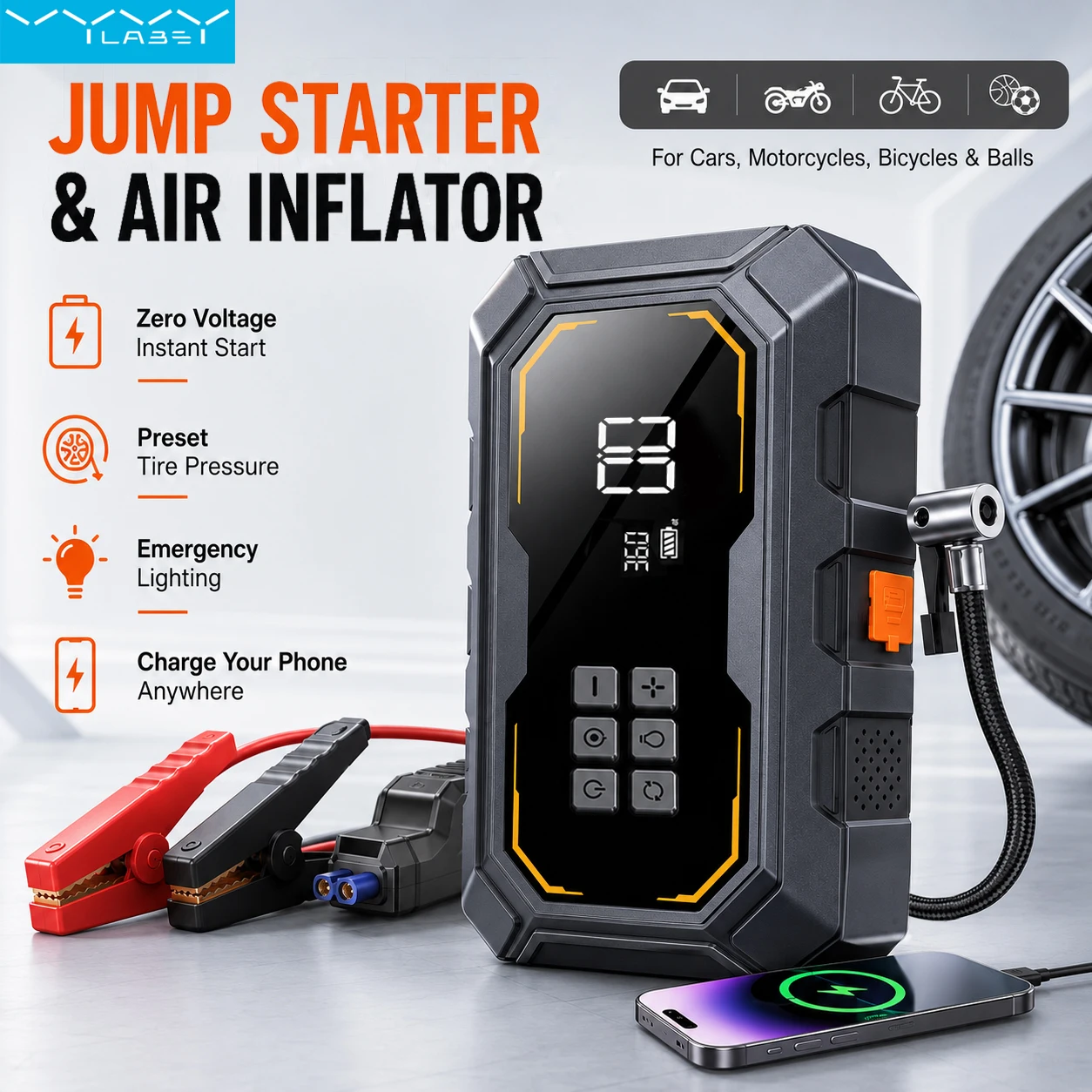 Vyvylabs 12V 6000mAh Auto-Starthilfe 1000A Spitzenstrom Tragbarer Batterie-Booster mit 150PSI Luftkompressor-Pumpe, Powerbank Notstartgerät für Auto SUV, Reifenfüller mit LED-Licht, Tragbares