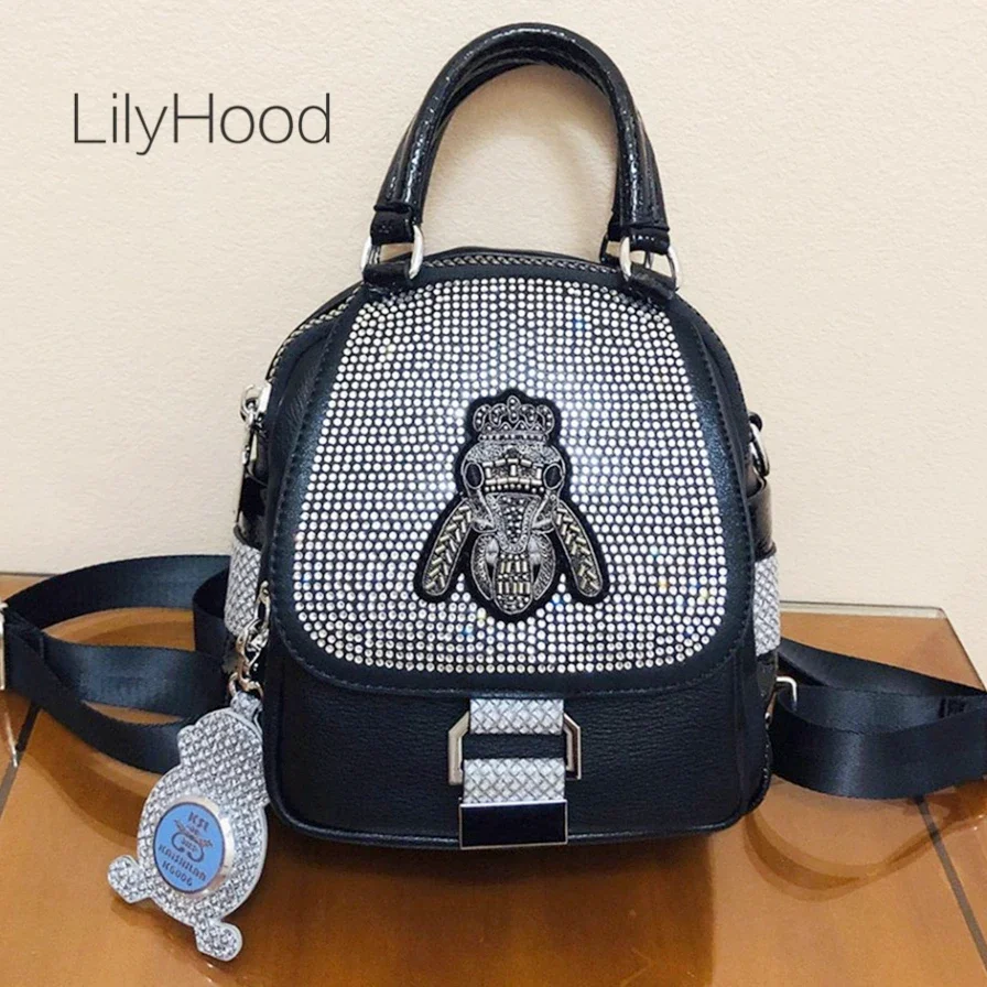 Female Vegan Leather Shiny Rhinestone Small Size Convertible Handbag Backpack Luxuri Designer Stylish Travel Everyday Daypack