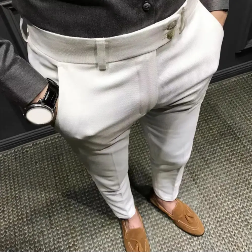 

Мужские брюки против морщин со средней талией, мужские девятые брюки, молодежный стиль, мужские повседневные девятые костюмные брюки, карманы, деловые длинные брюки