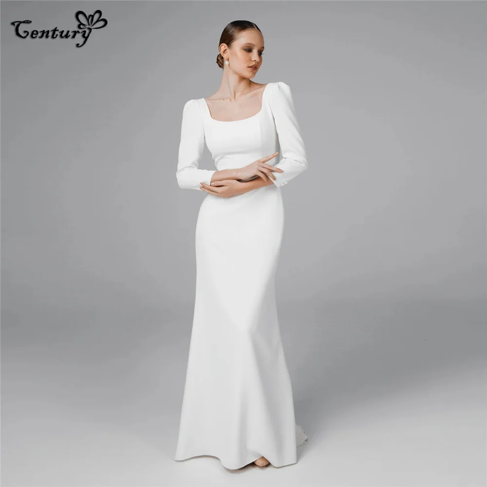 

Simple Wedding Dress Long Sleeve Square Neckline Backless Lace Crepe Mermaid Bridal Gowns Civil Bride Dresses Vestido de Novia