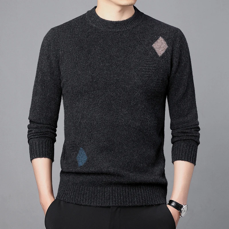 

Autumn and Winter Casual Men's Clothing Pure Wool Rhombus Inlay Sweater Korean Fashion Wool Top