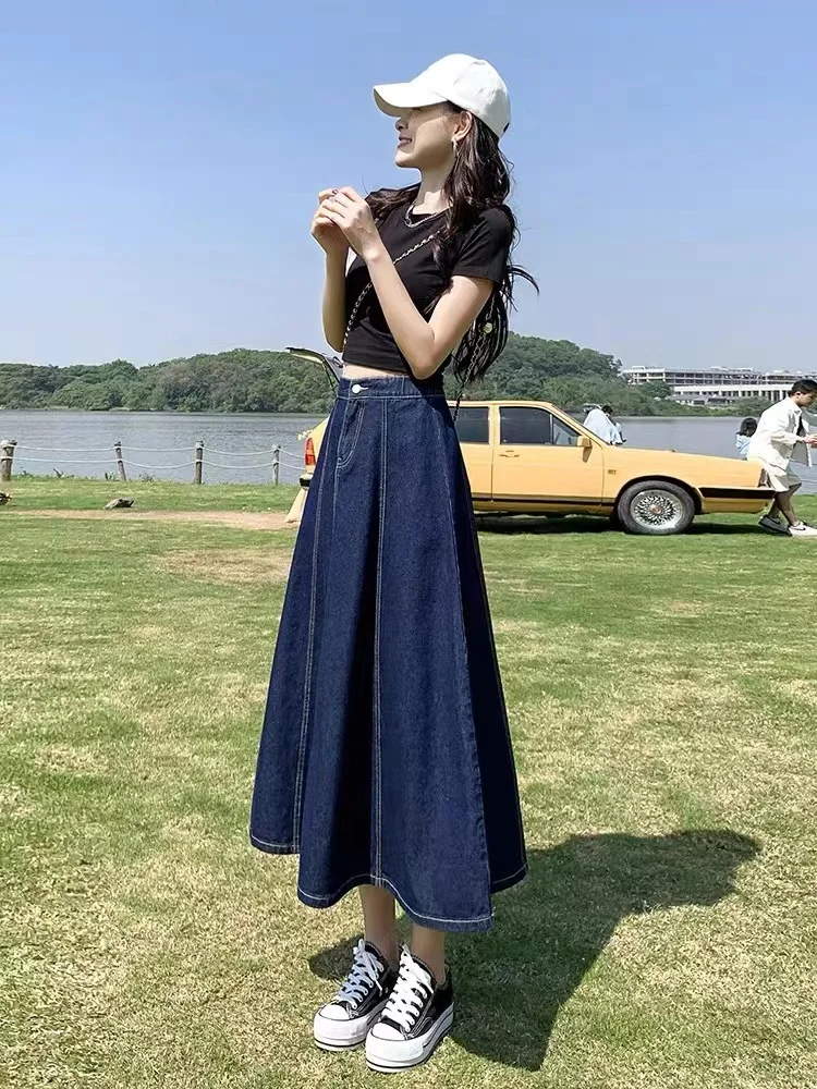 Summer Midi Skirt High Waist A-Line Flared Hem Cover Hip Loose Fit over Knee Length Simple Style Commute Denim Material