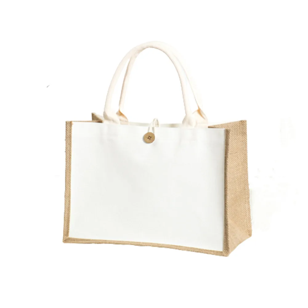 White Tote Bag With Button Eco Reusable  DIY Blank Shopping Bags Reusable Grocery Bags Large Capacity Jute Burlap Handbag