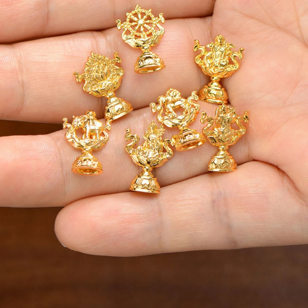Mini Copper Gilded Tibetan 8 Auspicious Symbols 7 Treasures 5 Offerings Set for Buddha Statue Stupa Filling