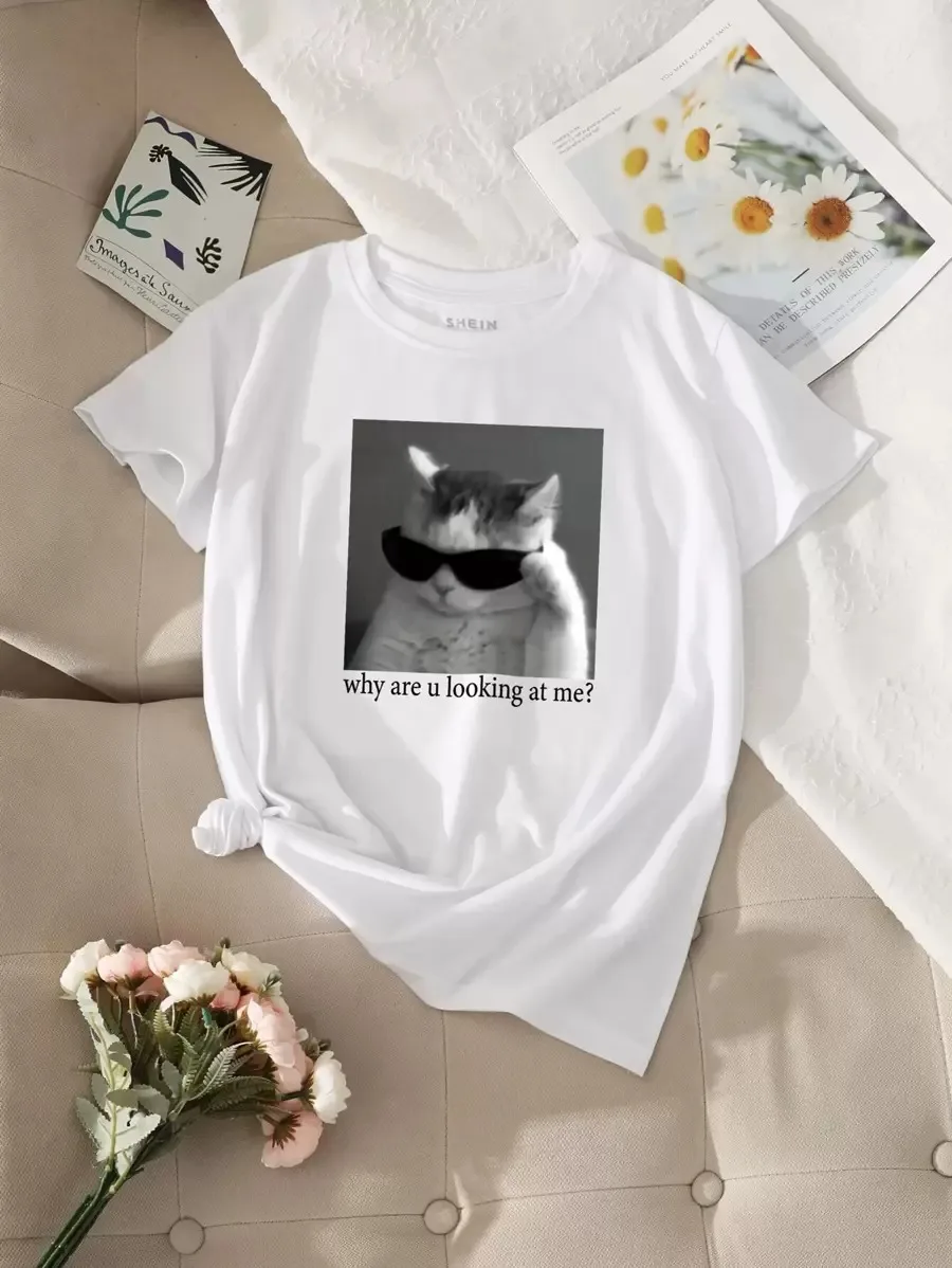

Plus - Size Tee with “why are u looking at me” Cat Graphic