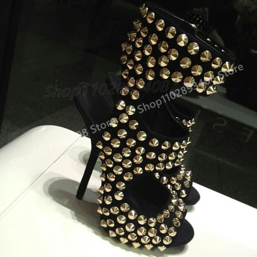 Сексуальные сандалии с золотыми круглыми заклепками для подиума, косплей, с открытым носком, на тонком высоком каблуке, новый дизайн, модная женская обувь, весна 2024, Para Mujere