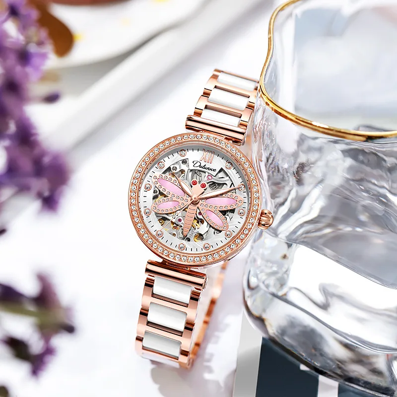 Stainless Steel New Natural Shell Dragonfly Design Skeleton Luminous Waterproof Self-Wind Automatic Watch for Women
